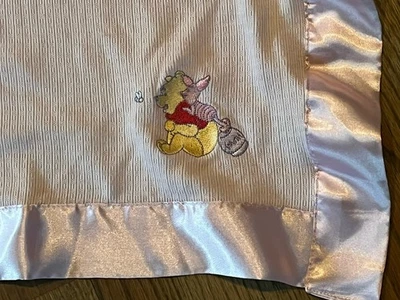 Vintage Disney Pooh & Piglet Blanket Hunny  Embroidered Satin  Pink Baby  RARE - Image 1 of 4
