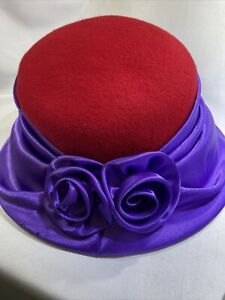 Ladies 100% Wool Felt cloche Bucket  Hat Red & Purple Satin Large