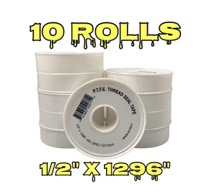 ☀️(10 Rolls) Bulk Lot PTFE Teflon Pipe Thread Seal Plumbers Tape, 1/2" x 1296" - Picture 1 of 5