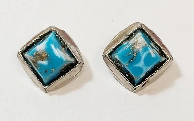 2 Vintage Small Square Silver Tone Metal Blue Mottled Glass Buttons - Image 1 of 4