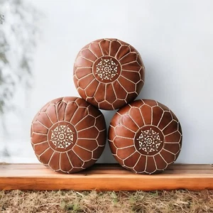 3x Moroccan Handcrafted Leather Pouf - Traditional Footstool Modern - Picture 1 of 10