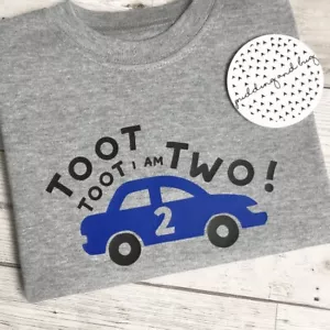 Second Birthday Boys Car Tshirt 2nd Birthday Vehicles Top Toot Toot I Am Two - Picture 1 of 2