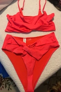 Aerie Swimsuit XL Coral Shine 2-Pc Set Scoop Top & High Cut Cheeky Bottom Hottie - Picture 1 of 6