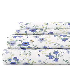 4 Piece Pattern Microfiber Bed Sheets Set, Light Blue Blossoms, Queen