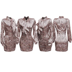 Leopard Print Satin Mini Dress with Pussy Bow Tie Neck Long Sleeve - Picture 1 of 5