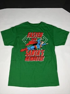 Boys Sz Medium, DC Superman Christmas T-Shirt. Sanats Reindeer. Green/Red - Picture 1 of 4