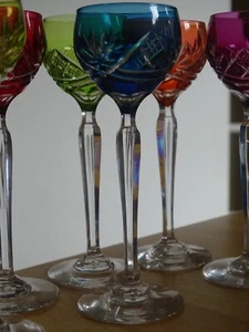 VINTAGE SIX CORDIALS GLASSES CRYSTAL VAL ST LAMBERT BELGUIM SIX COLORS ht 5,12" - Picture 1 of 12