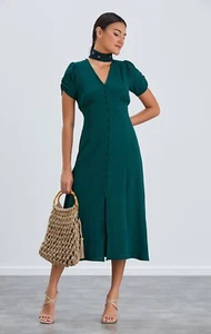 Stunning Emerald Green Summer Wedding Guest Button Up V-neck Dress Size 14 - Picture 1 of 5