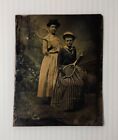 1880S Antique Tin Type Photo Lady Tennis Players With Racket Wearing Award Medal