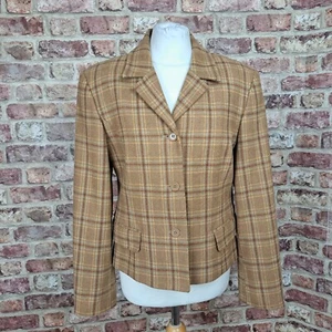 Benetton Tweed Jacket Brown Check UK 12 Long Sleeve Wool Blazer Country Cottage - Picture 1 of 12