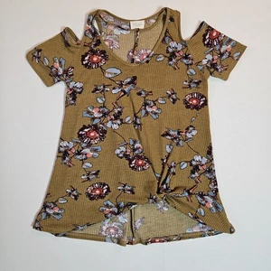 143 Story Cold Shoulder Floral Waffle Knit Top Olive Green Medium USA Made - Picture 1 of 6