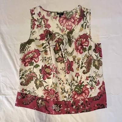 Top 10P Talbots Plisado Cuello Concha Estampado Floral Rojo, Rosa, Verde, Blanco Seda Foto 1 de 4