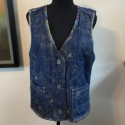 Colete jeans Chico’s tamanho G (2) bordado reversível boho paisley anos 90 cabine - Imagem 1 de 4