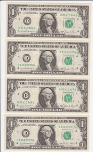 1981 Misaligned Stuck Digit Error $1 Dollar Consecutive Bill Set (4 piece) - Picture 1 of 4