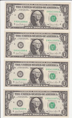 1981 Misaligned Stuck Digit Error $1 Dollar Consecutive Bill Set (4 piece) - Image 1 of 4