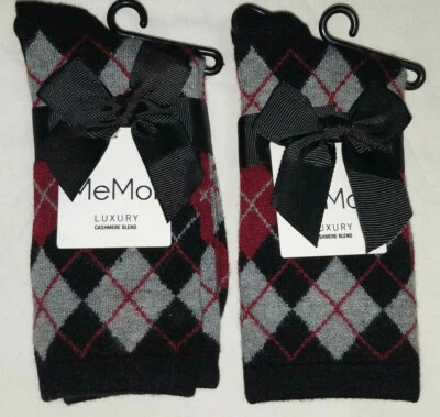 Lote de Dos Calcetines MeMoi LUJO Negros Estampado Argyle Mezcla Cachemira Talla 9-11 NUEVOS Foto 1 de 3