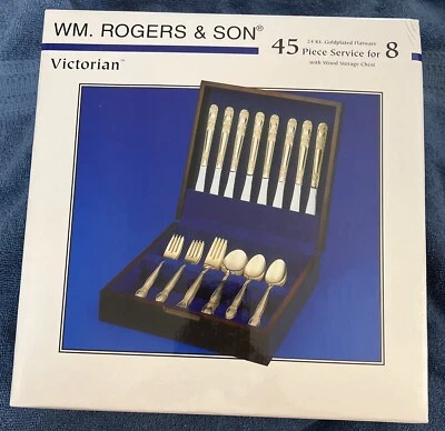 WM ROGERS & SONS 45 Piece -24k GoldPlated Service for 8 w/chest- Victorian -New - Image 1 of 4