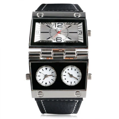 Oulm男士三时区手表大方形表盘皮革表带腕表 — 第 1/4 张图片