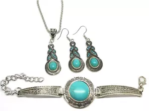 Tibetan Silver BLUE Turquoise Bracelet Earrings Necklace Jewelry Set Women's - Picture 1 of 9