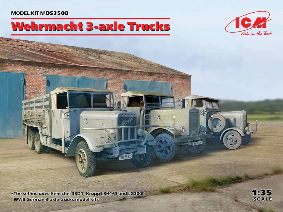 Wehrmacht 3-axle Trucks (Henschel 33D1, Krupp L3H163, LG3000) 1:35 Model Kit ICM - Immagine 1 di 1