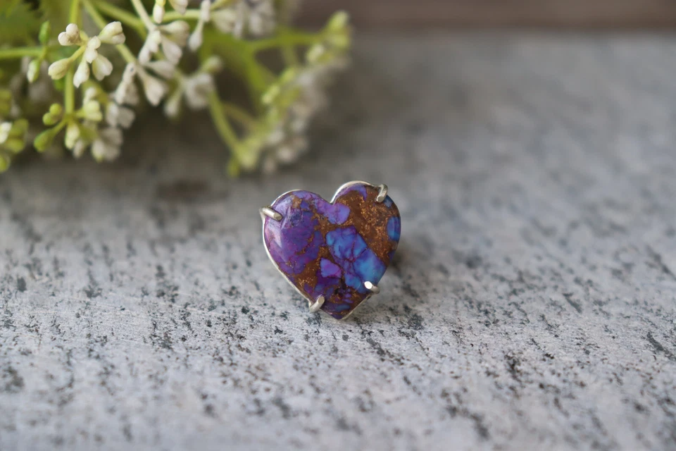 Purple Copper Turquoise Ring, 925 Silver Ring, Prong Set Ring, Heart Cut Ring** - Image 1 of 2