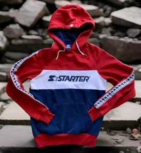 STARTER HOPKINS Pullover Sudadera con Capucha Cinta Gráfico Logo Rojo Azul Blanco Para Hombres Talla M Usado en Excelente Condición - Imagen 1 de 9