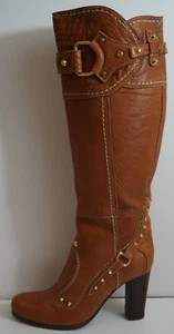 Botas PAN TULIPANI Hechas en Italia Cuero Tostado Dorado Tachuela Longitud Alta EU41; UK8 - Imagen 1 de 12