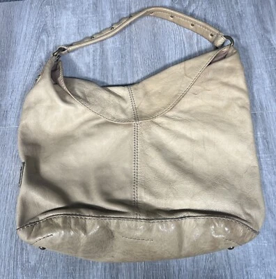 Frye Leather Handbag Purse Hobo Bag Beige Metal Logo Distressed Look Quality HTF - Image 1 of 4