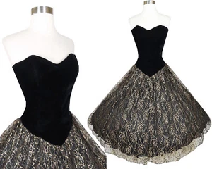 Vintage 80s 50s Black Velvet Strapless Gold Lace Full Skirt Prom Party Dress S M - Picture 1 of 12