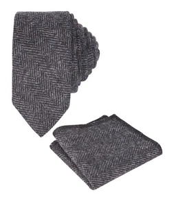 Boys Charcoal Grey Herringbone Tweed Peaky Blinders Slim Tie & Hanky Set - Picture 1 of 7