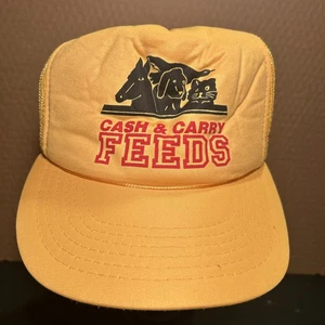 Cappello camionista vintage contanti e trasporto mangimi negozio mangimi GIALLO schiuma rete Yupoong - Foto 1 di 10