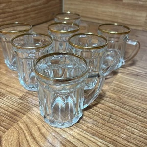 Lot Of 7 Miniature Beer Mug Clear Glass Stein Shot Glasses 1oz. Gold Rim - Picture 1 of 11
