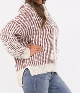 POL Chunky Sweater Women's Large Pink White Striped Hooded Wool Blend Soft Boho - Picture 1 of 10