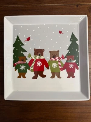Crate & Barrel Christmas Bears Serving Platter Square Joan Anderson 12” x12” New - Image 1 of 4