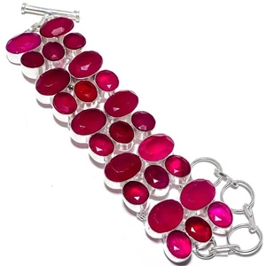 Red Simulated Gemstone Handmade 925 Sterling Silver Bracelet 7-8" - Picture 1 of 5