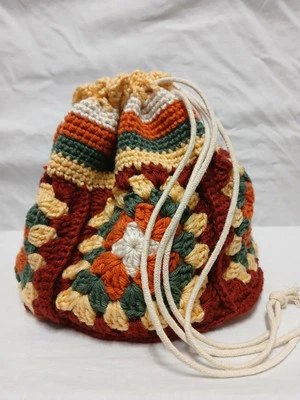 Handmade Crochet Bucket Bag Drawstring Top Granny Square Fall Colors - Image 1 of 4
