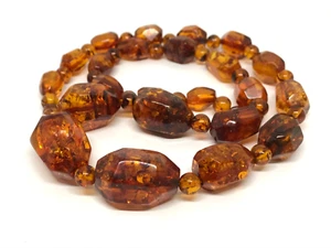 Vintage Amber Necklace Old BALTIC AMBER Cognac Glossy Faceted Beads 65g 18483 - Picture 1 of 18