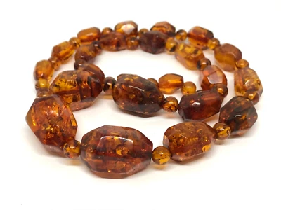 Collier vintage ambre ancien perles à facettes cognac brillant AMBRE BALTIQUE... - Photo 1/4