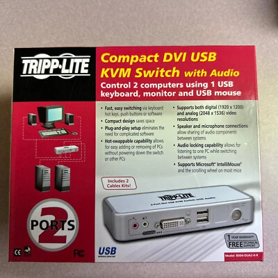 Tripp Lite B004-DUA2-K-R 2 Port Compact USB 2.0 KVM Switch w/ Audio Brand New - Image 1 of 2