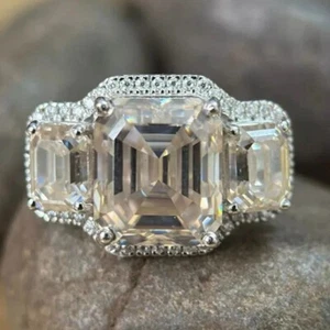 5.85CT Emerald Cut Moissanite Three-Stone Engagement Ring 14K White Gold Plated - Picture 1 of 8