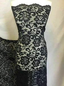 NEW Designer Navy Stretch Net Floral Lace Double Scalloped Border Fabric 57’’ - Picture 1 of 7