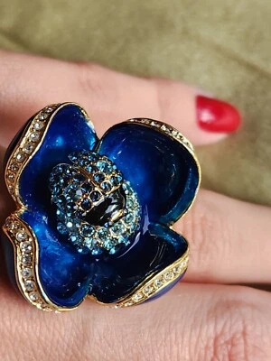 ANILLO INSECTO FLOR PENSAMIENTO CRISTAL ESMALTE AZUL talla 6 Foto 1 de 4