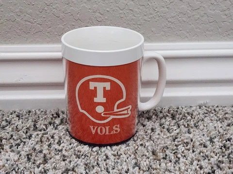 Vintage 1980's Tennessee Volunteers Vols Football Coffee Mug Thermo Serv Cup Cover