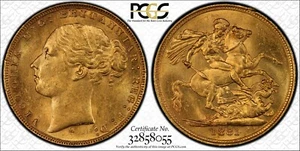 1881M St.George Reverse Sovereign McD161 S-3857 Long Tail in PCGS MS62 - Picture 1 of 3