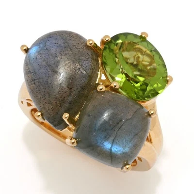 Anillo racimo de 3 piedras multiforma MUSE 18K Vermeil labradorita y peridoto Foto 1 de 4