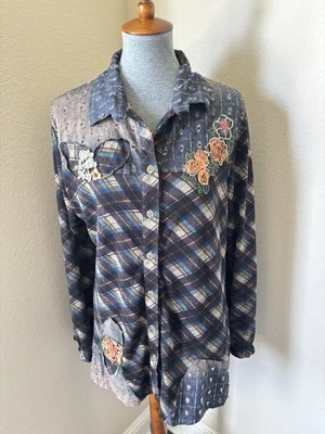 Blusa Simply Couture Talla XL Marrón Azul Bordada a Cuadros con Botones Foto 1 de 4