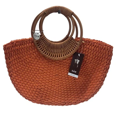 Nuevo con etiquetas Bolso de Mano The Sak Naranja Rafia Paja Grande Redondo Asas de Madera Ropa de Resort Foto 1 de 4