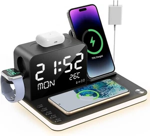 7 in 1 Charging Station with Clock, Wireless ChargerTemperature,30W Adapter,Fast - Picture 1 of 9