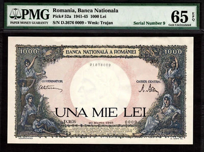 Romania 1000 Lei 1945 Pick-52a Serial # 0009 GEM UNC PMG 65 EPQ - Image 1 of 2