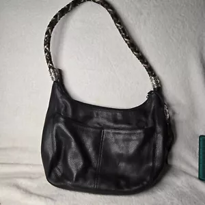 BRIGHTON BARBADOS Black Pebbled Leather Zip Top Shoulder Handbag Hobo Purse - Picture 1 of 10